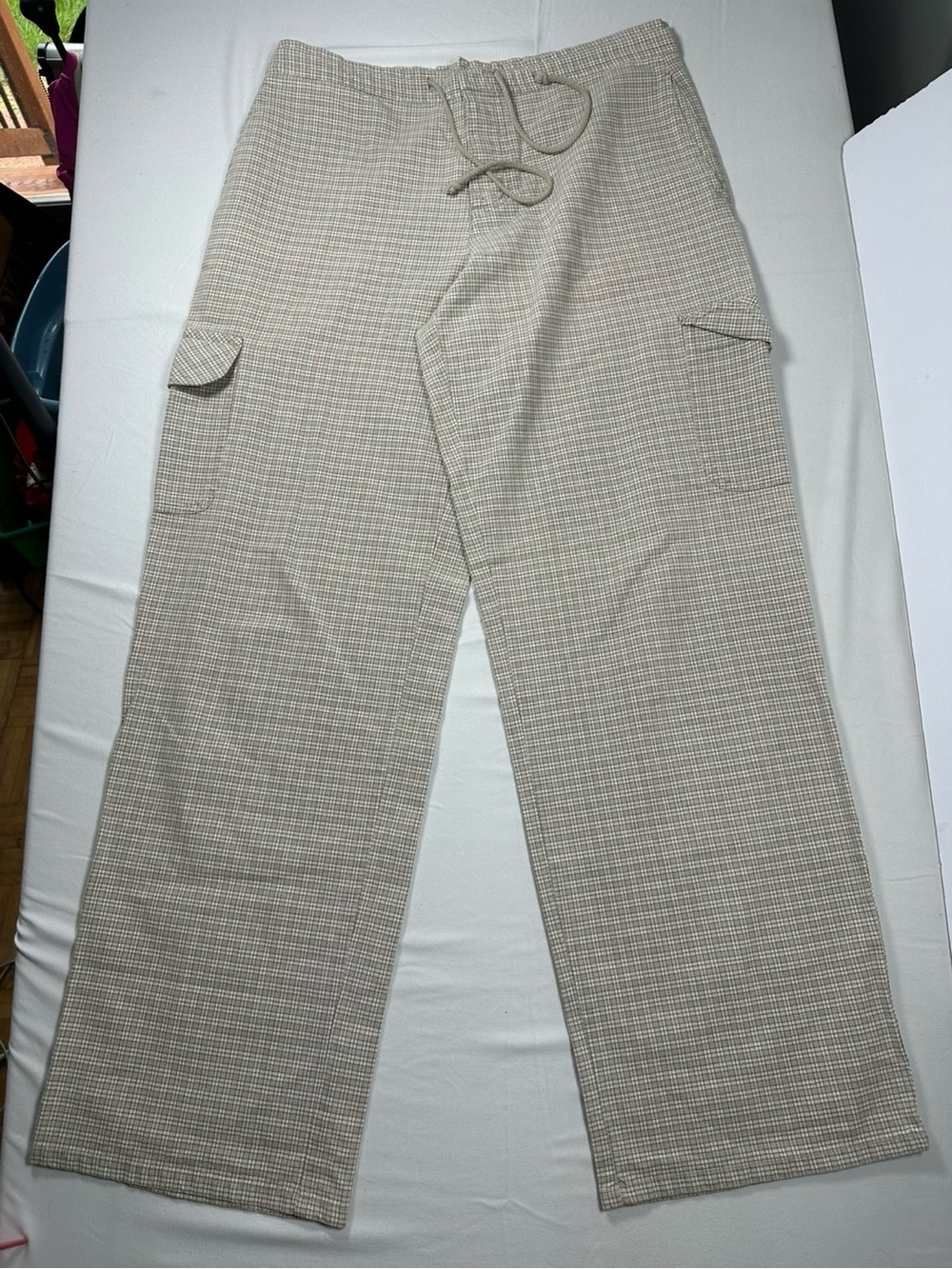 Vintage Y2K American Eagle Plaid Wide Leg Cargo Lounge Pants - Medium Tan